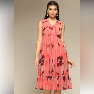 OCTICS CHERRY RED PRINT FIT & FLARE RUFFLE V-NECK MIDI DRESS SIZE MEDIUM